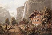 Gabriel Lory fils Fall taken Staubbach has l-entree of the town of Lauterbrunne oil on canvas